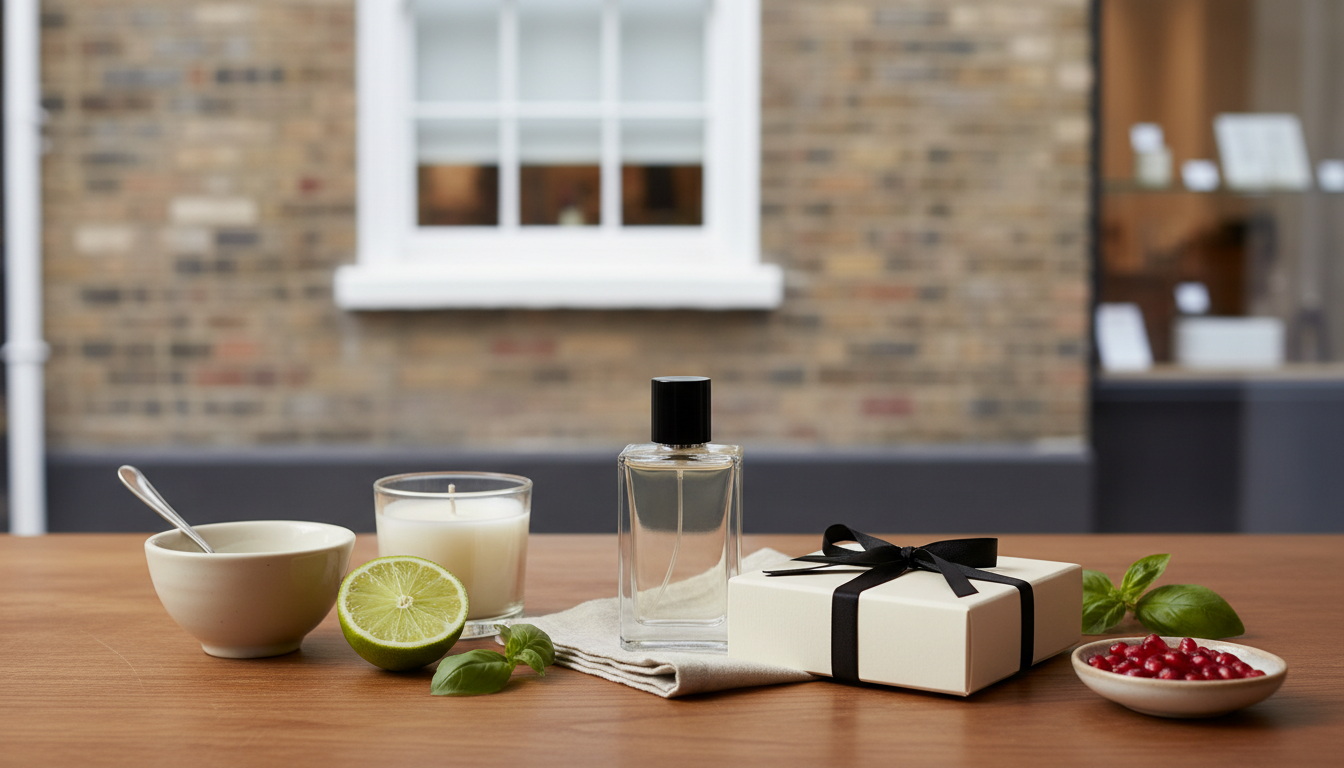 Still life editorial sobre mesa de madeira: frasco de perfume minimalista, vela artesanal, metade de limão, manjericão e sementes de romã; fachada de loja londrina desfocada ao fundo.