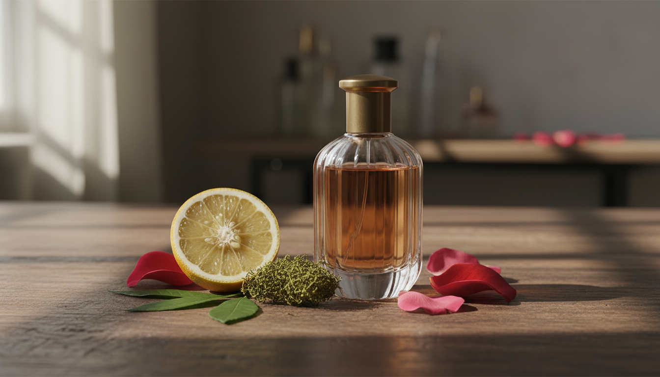 Frasco de perfume vintage sobre mesa de madeira com fatia de bergamota, tufo de musgo de carvalho, folhas de patchouli e pétalas de rosa, em luz natural suave.