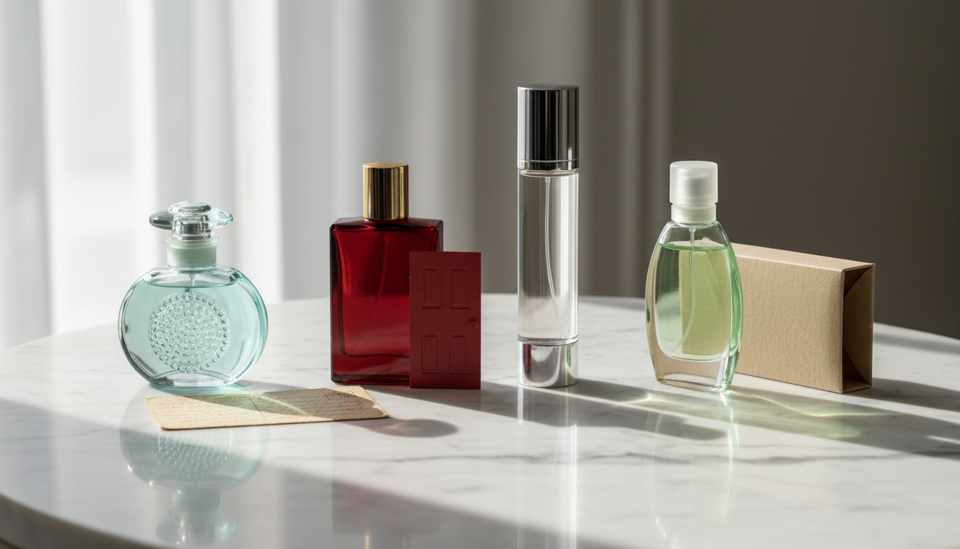 Composição editorial com quatro frascos de perfume dispostos em linha sobre bancada de mármore, do clássico (frasco azul esverdeado) ao contemporâneo (frasco verde), com cartão vintage e uma pequena porta vermelha decorativa ao fundo.