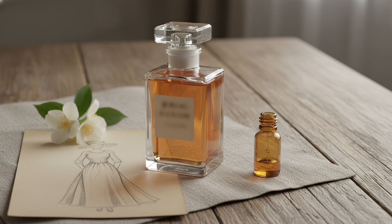 Frasco retangular de perfume com líquido âmbar sobre linho e madeira, acompanhado de jasmin e um pequeno frasco âmbar de laboratório, composição editorial e atemporal.