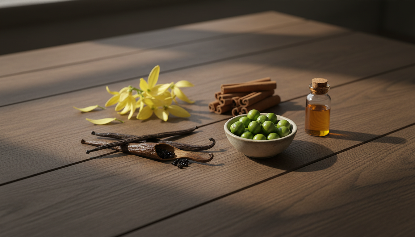 Composição editorial fotográfica: fava de baunilha aberta com sementes, flores amarelas de ylang-ylang, paus de canela e tigela com bagas de litsea cubeba dispostas sobre mesa rústica, com pequeno frasco âmbar de óleo.