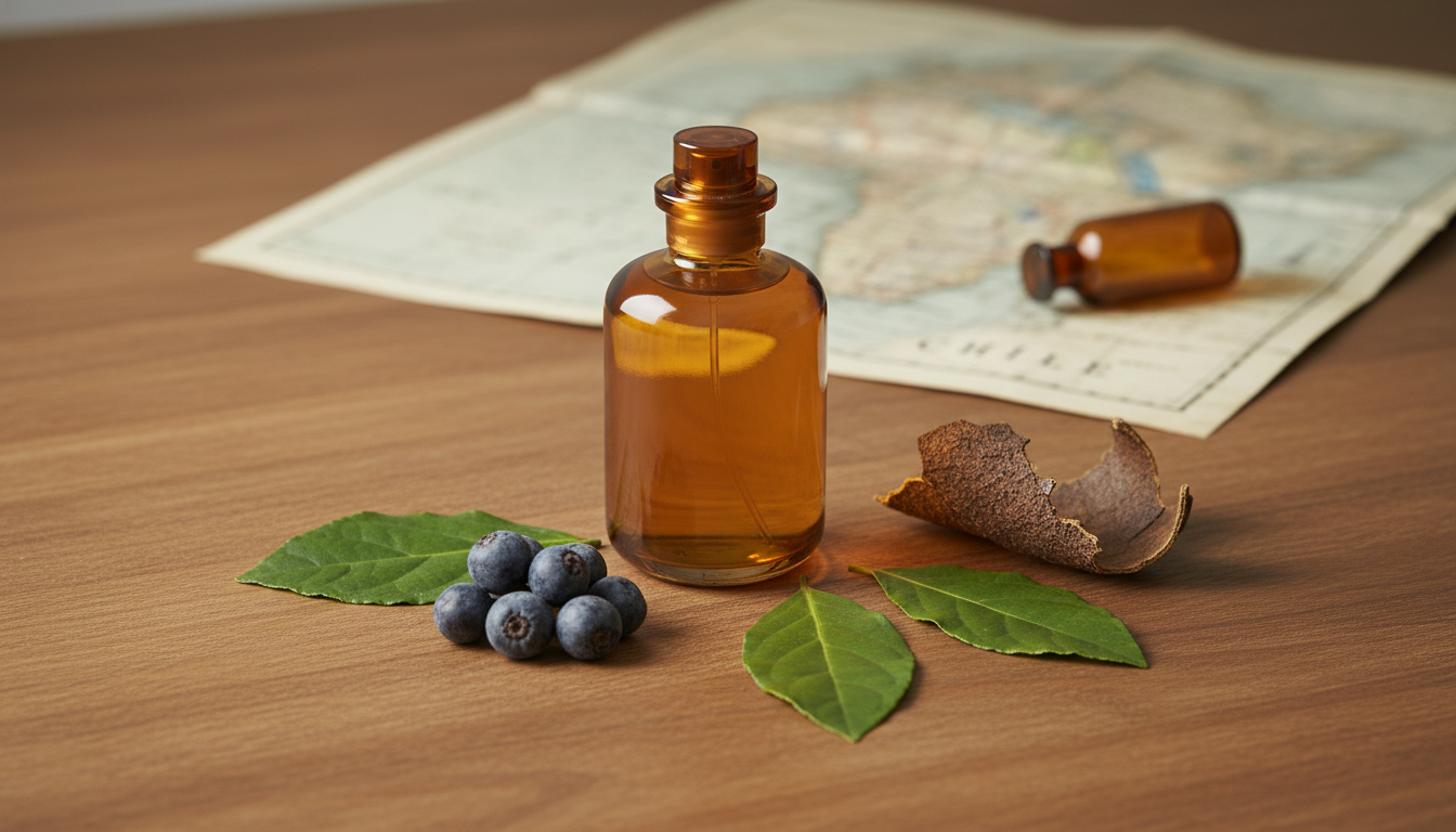 Garrafa artesanal âmbar sobre mesa de madeira com frutos maqui, folhas de boldo e pedaço de casca de quillaja; mapa antigo parcial ao fundo.