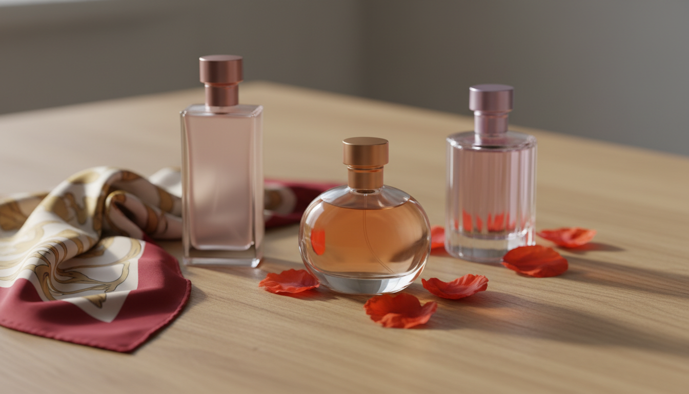 Três frascos de perfume sem rótulos sobre mesa texturizada, com pétalas de papoula espalhadas ao redor e um lenço de seda ao lado.