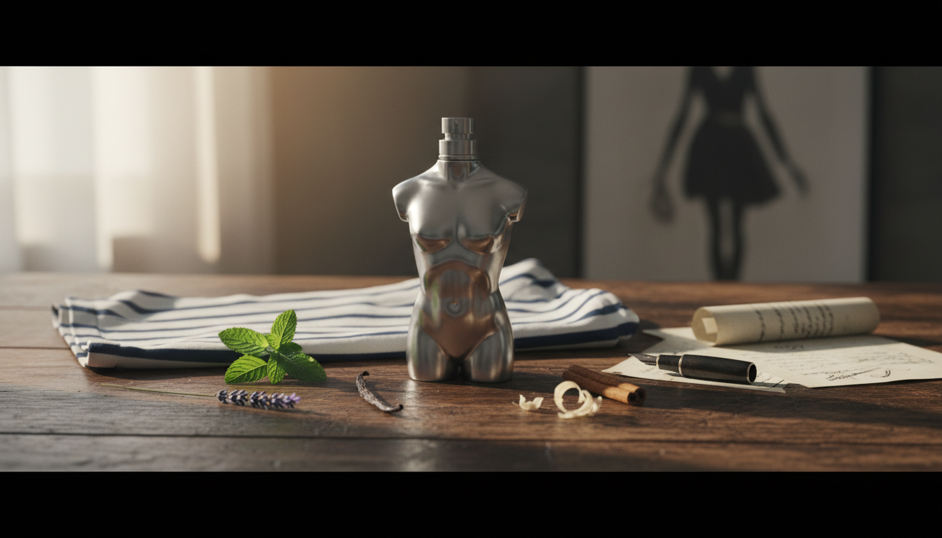 Frasco-torso metálico sobre mesa de madeira com lavanda, menta, vagem de baunilha e canela, tecido listrado e papéis envelhecidos, em luz natural editorial.