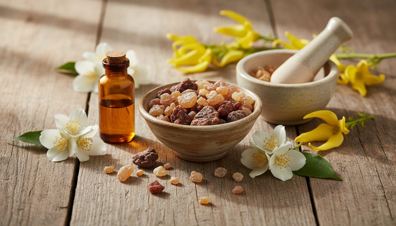Natureza‑morta editorial com pedaços de incenso e mirra, flores de jasmim e ylang‑ylang, almofariz cerâmico e pequeno frasco âmbar sobre mesa de madeira.