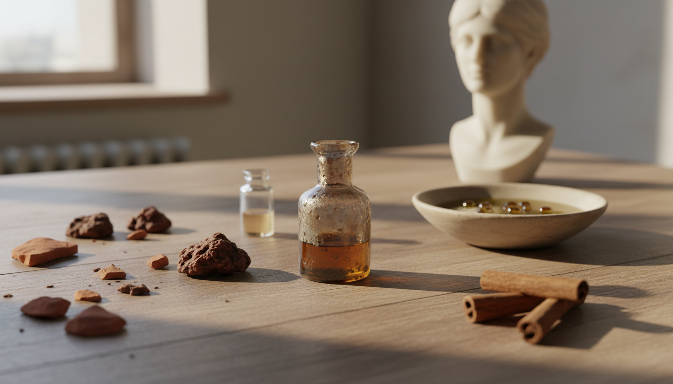 Mesa de pesquisa arqueológica com um frasco antigo de vidro, pedaços de mirra, fragmentos cerâmicos, tigela com azeite e paus de canela; ao fundo desfocado um fragmento de busto clássico que evoca Cleópatra.
