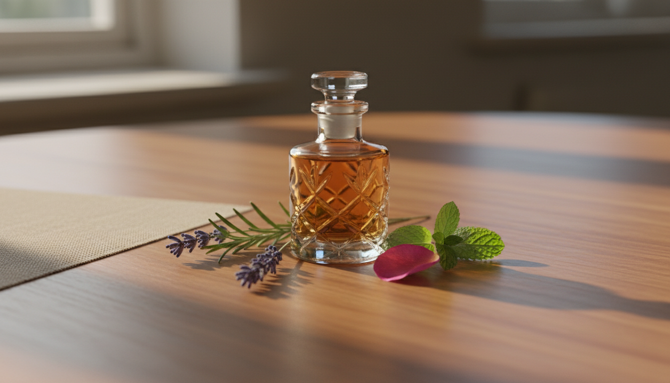 Frasco de perfume vintage sobre mesa de madeira com ramos de lavanda e alecrim, uma pétala de rosa e folha de hortelã, iluminado por luz natural suave.