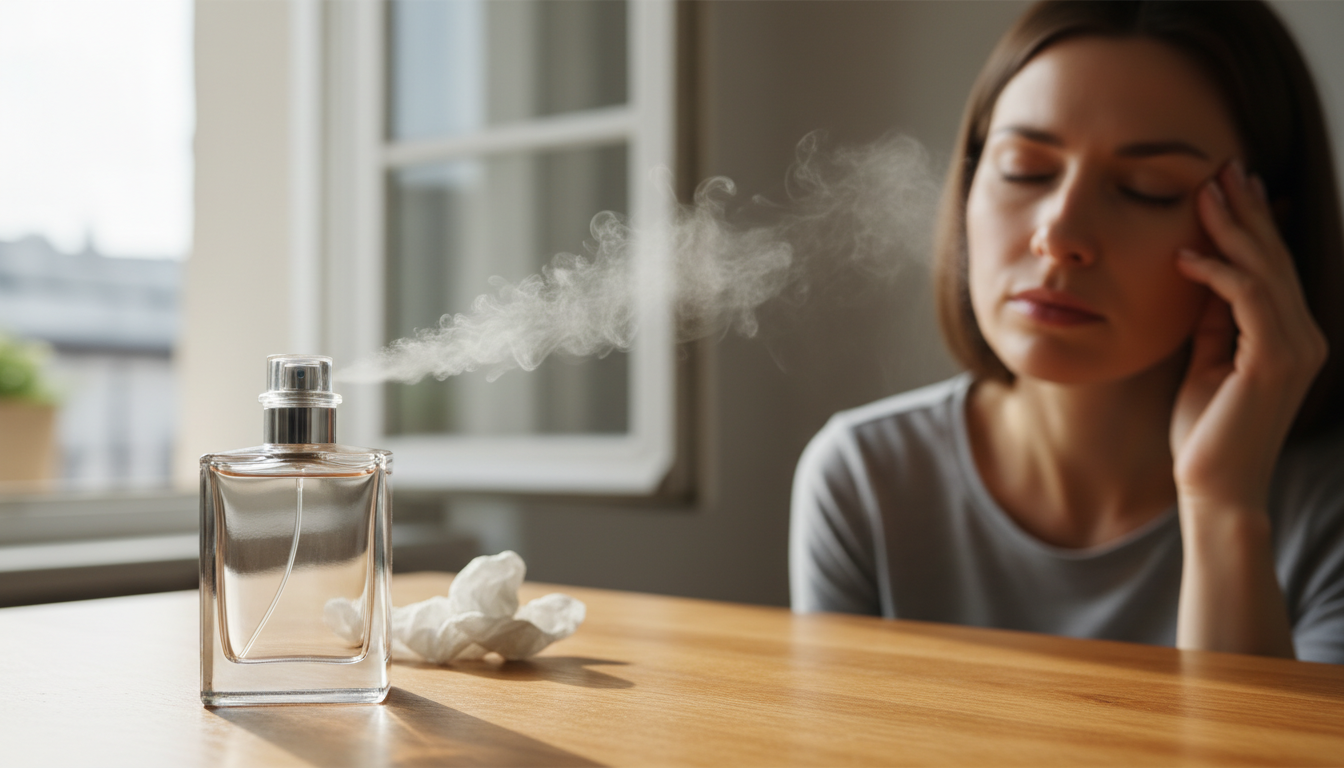Frasco de perfume em primeiro plano com névoa sutil direcionada a uma pessoa parcial ao fundo que toca a têmpora, sugerindo desconforto por cheiro.