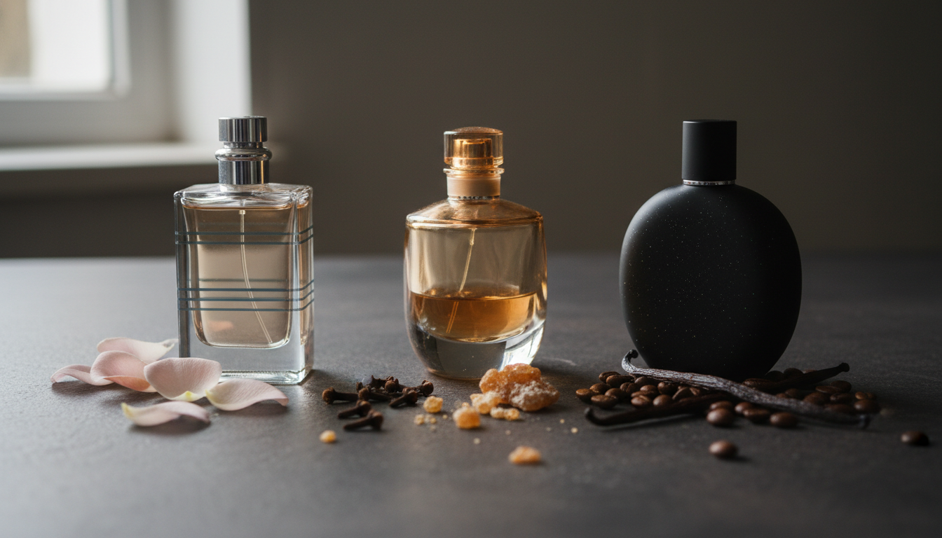 Composição editorial com três frascos de perfume sobre mesa texturizada: frasco retangular vintage com listras azul-prata e pétalas de rosa, frasco âmbar com cravos e resina, frasco arredondado preto com grãos de café e fava de baunilha.