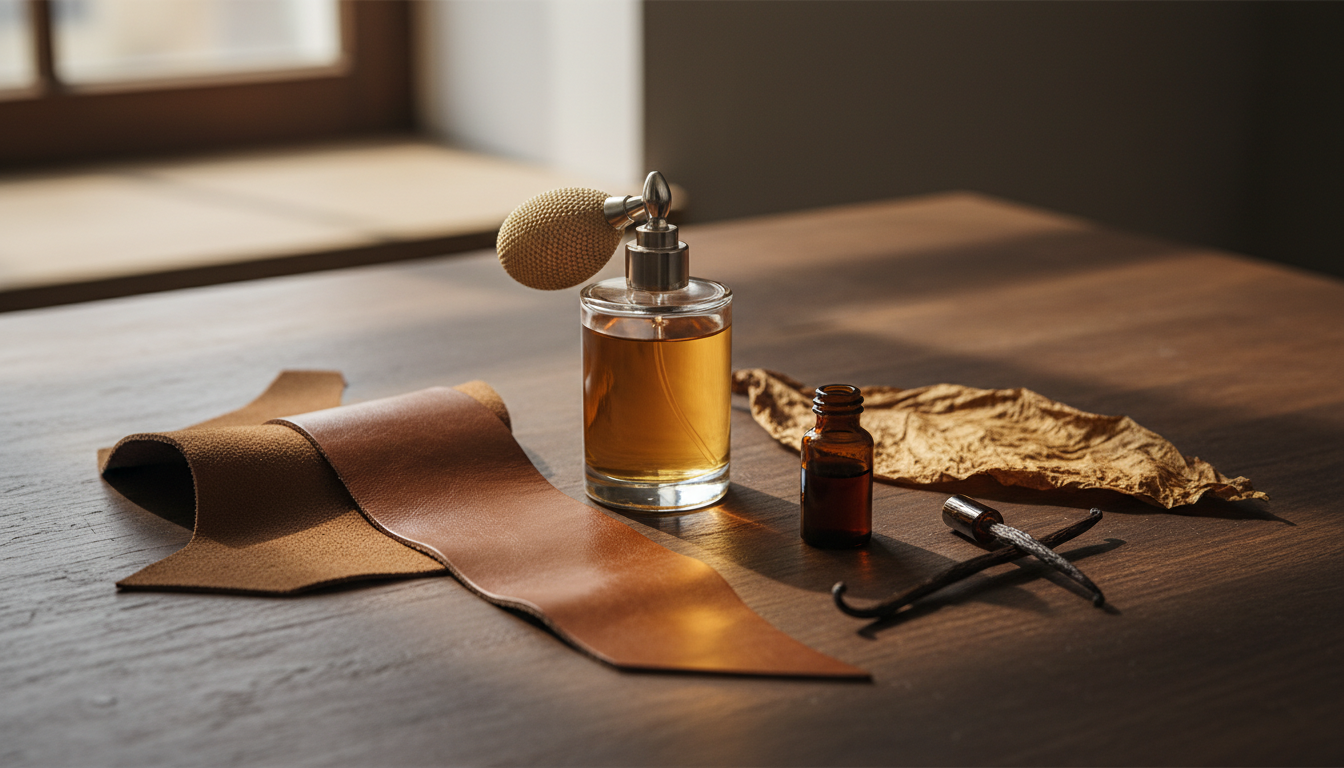 Composição editorial: frasco de perfume sem rótulo sobre mesa escura ao lado de amostra de couro, pequeno frasco âmbar (alcatrão), folha de tabaco e fava de baunilha, iluminação natural suave.