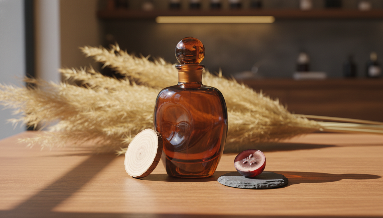 Frasco artesanal de perfume em vidro âmbar sobre mesa de madeira, com ramos secos do pampa, uma fatia de cedro e uma uva Malbec cortada, em iluminação natural.