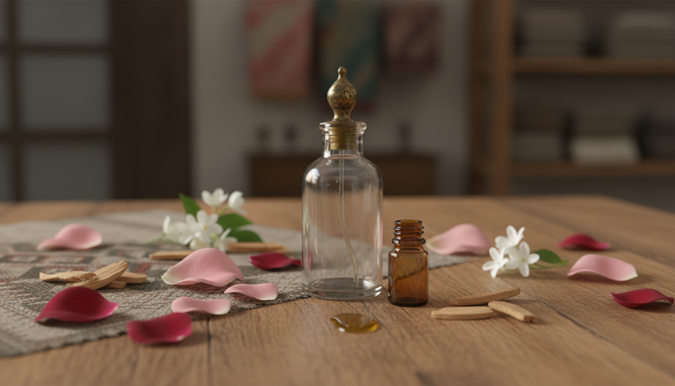 Frasco tradicional de attar em vidro com tampa de latão sobre mesa de madeira, rodeado por pétalas de rosa, lascas de oud e um pequeno frasco âmbar com uma gota de óleo.