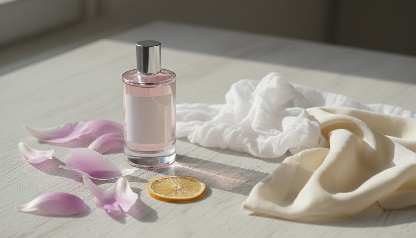Frasco de perfume elegante sem rótulo sobre mesa de madeira, rodeado por pétalas de peônia, uma fatia de bergamota e tecido branco macio, iluminado por luz natural suave.