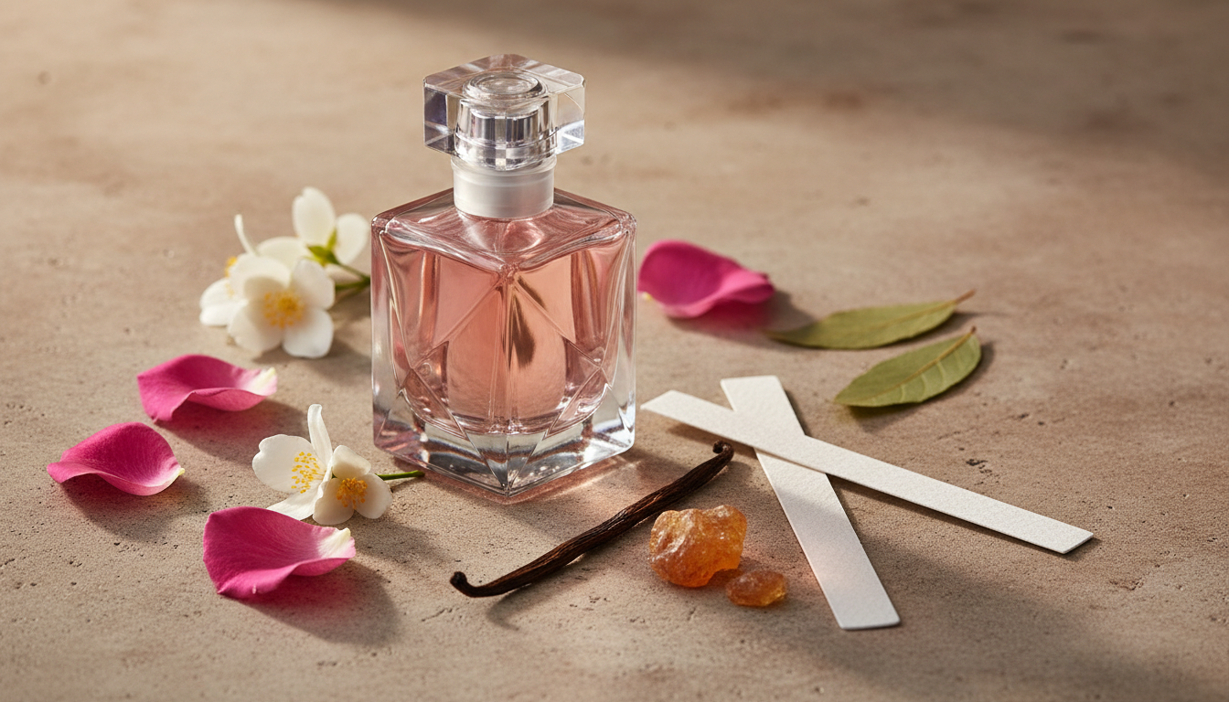 Frasco facetado rosa de perfume sobre mesa de pedra, com duas tiras olfativas e ingredientes: pétalas de rosa, flores de jasmim, fava de baunilha, resina âmbar e folha de patchouli, fotografia editorial em luz natural.