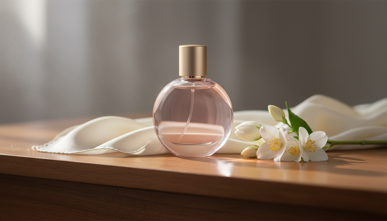 Frasco arredondado cor-de-rosa pálido sobre bancada de madeira, com flor de tuberosa e ramo de jasmim ao lado e um tecido de seda creme parcialmente sob o frasco, em luz natural suave.