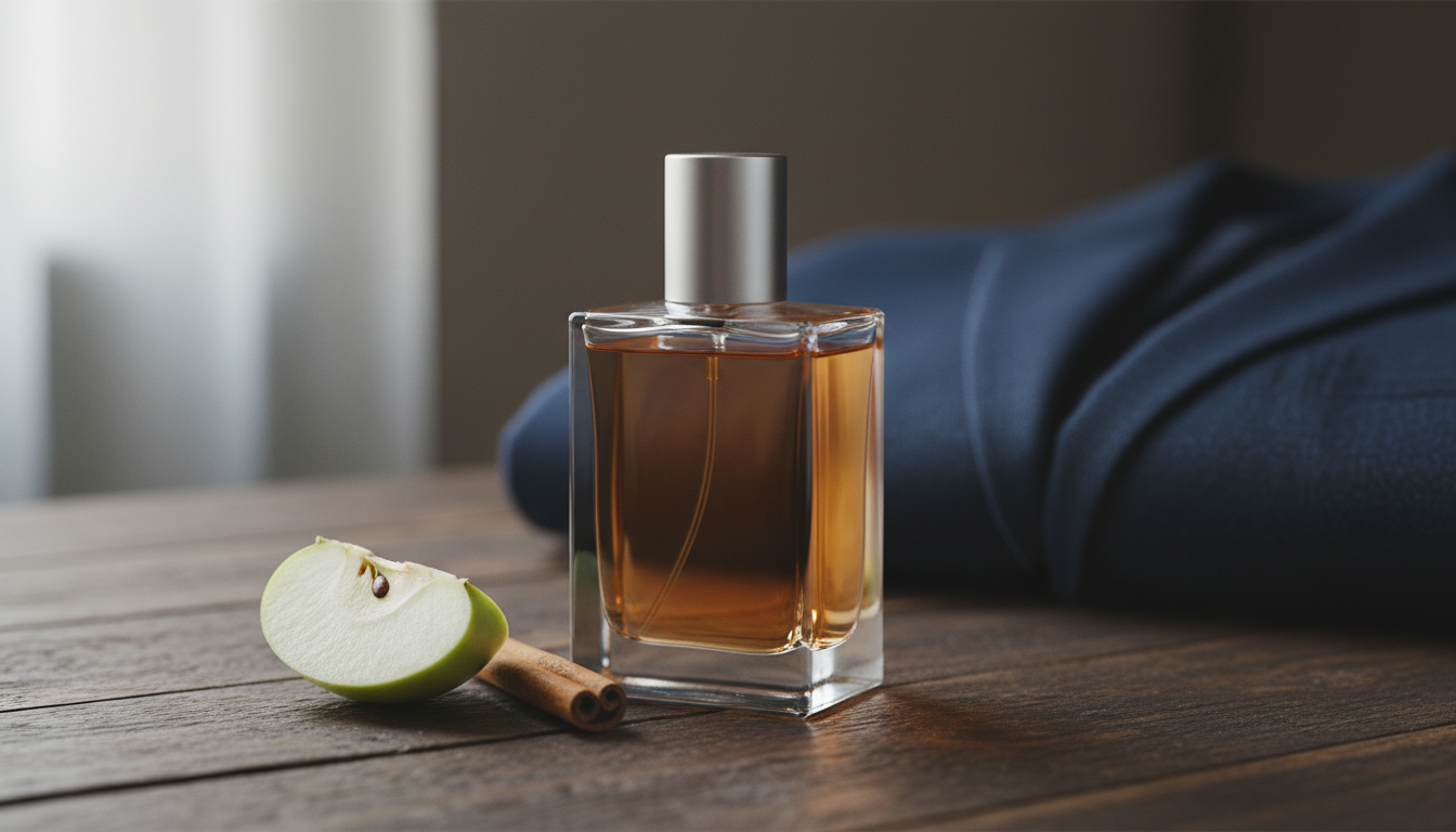 Frasco de perfume masculino sem rótulo com líquido dourado sobre mesa de madeira, ao lado de uma fatia de maçã verde e um pau de canela, com um tecido azul‑marinho desfocado ao fundo.