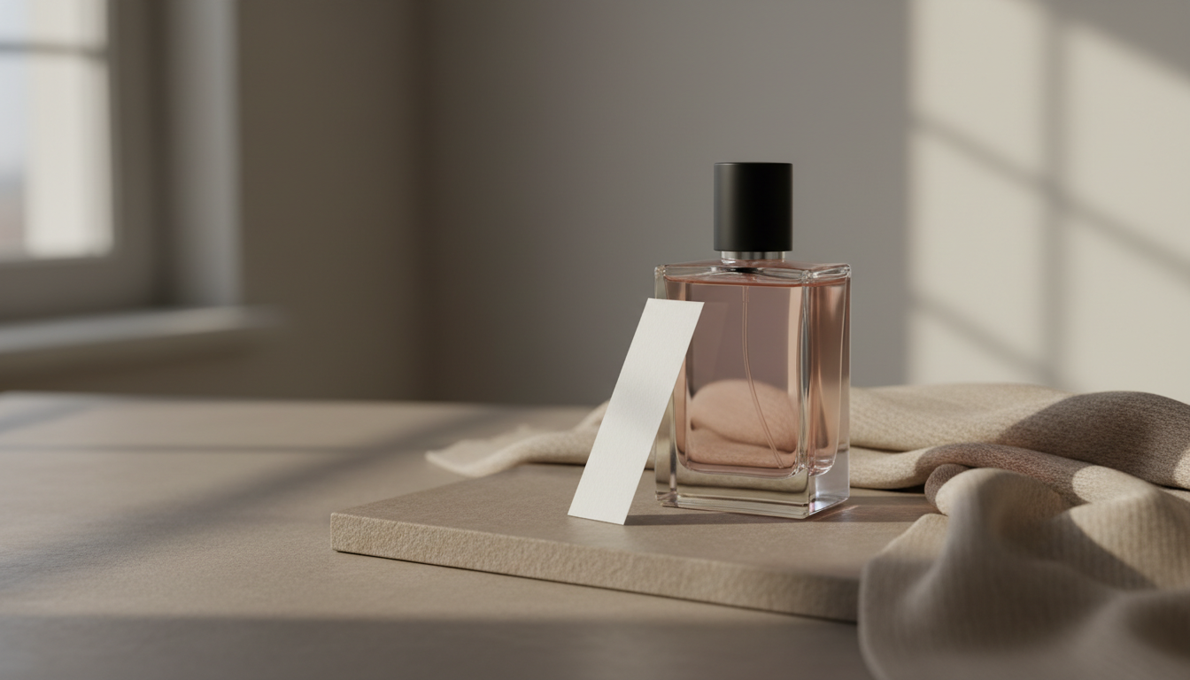 Frasco retangular de perfume em vidro claro sobre superfície de pedra fosca, com uma tira de papel para teste encostada no frasco e um cachecol de cashmere ao lado, em luz natural suave.