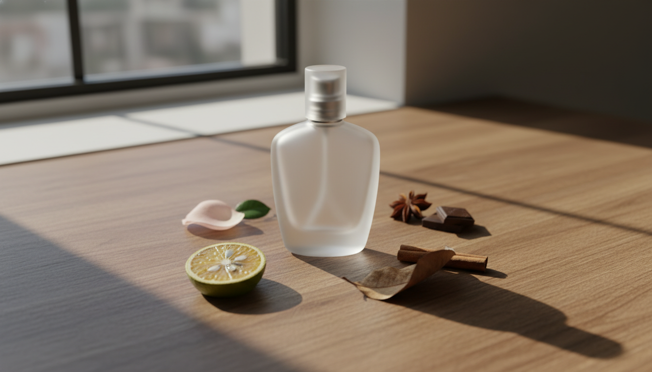 Frasco de perfume fosco sobre mesa de madeira com elementos sazonais discretos: pétala de rosa, fatia de bergamota, folha seca com canela e anis com pedaço de chocolate.