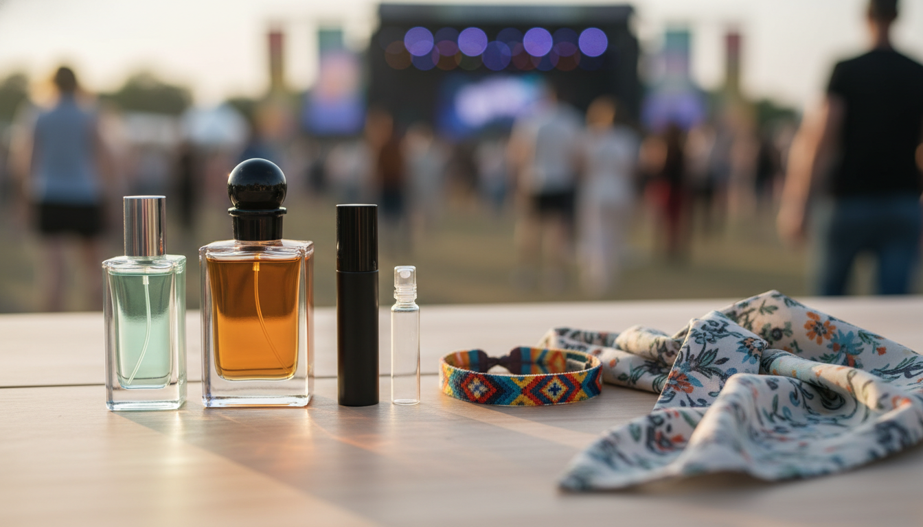 Dois frascos de perfume sobre mesa de madeira com um atomizador de bolso e uma pulseira colorida de festival, luz natural e fundo desfocado que sugere evento ao ar livre.