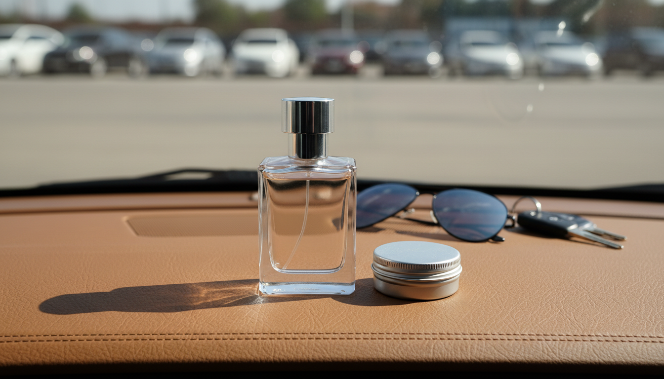 Frasco de perfume de vidro sobre o painel de um carro exposto ao sol, com um estojo de perfume sólido e óculos de sol ao lado, sugerindo risco de aquecimento no transporte.