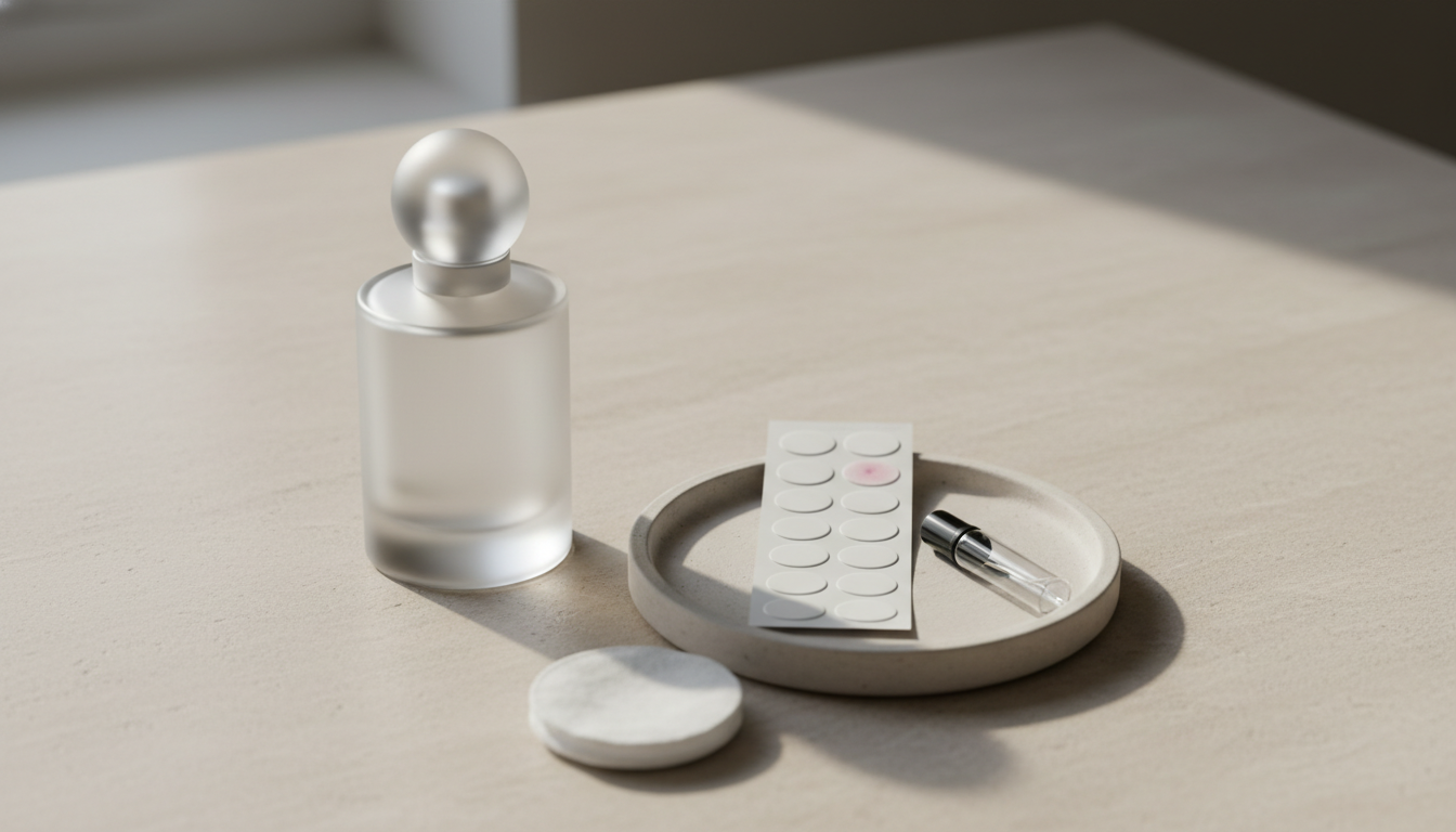 Frasco de perfume elegante sobre mesa neutra, com uma bandeja cerâmica ao lado contendo uma tira de patch test adesiva com uma discreta mancha rosada em um dos pontos, um pequeno frasco de amostra e um disco de algodão.