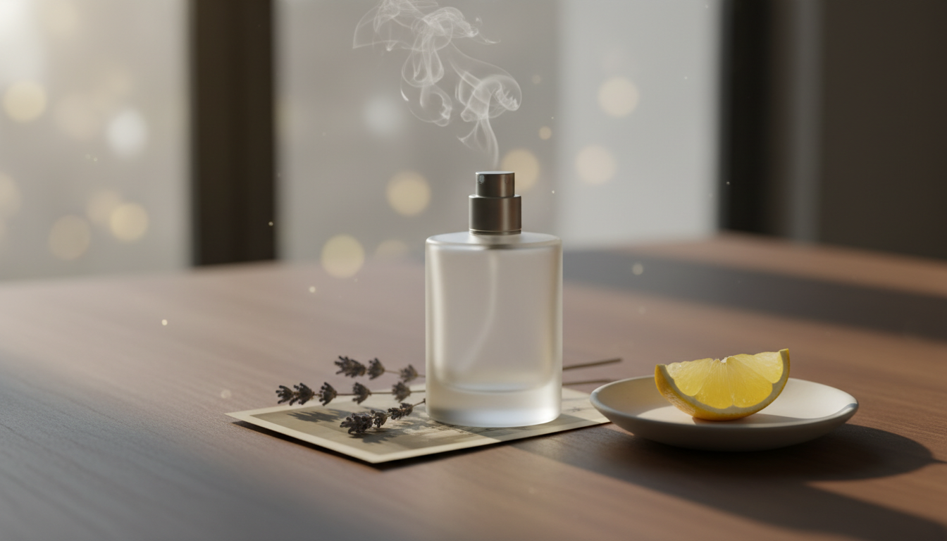 Close editorial de um frasco de perfume fosco sobre mesa de madeira, com um raminho de lavanda seco, uma fatia de limão em prato cerâmico e uma foto antiga parcialmente visível; vapor sutil sobe do frasco, luz natural suave.