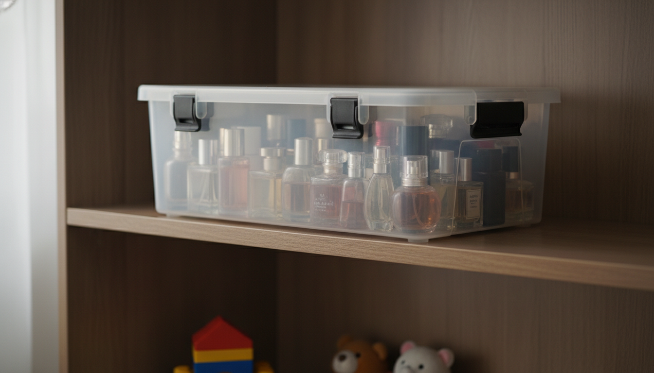 Caixa organizadora plástica com trava em prateleira alta contendo frascos de perfume; brinquedo infantil desfocado na prateleira inferior.