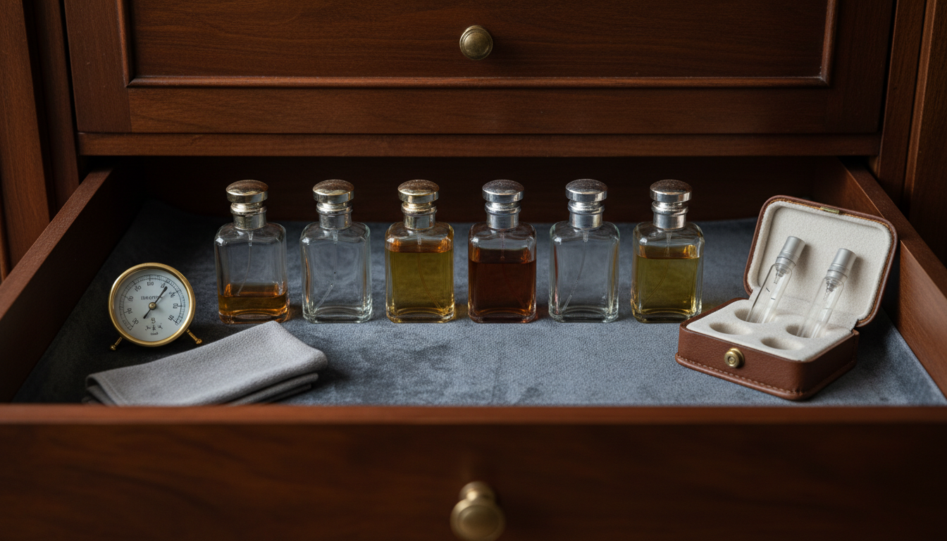 Gaveta forrada em veludo escuro com frascos de perfume de colecionador alinhados, um frasco com líquido levemente mais escuro, estojo acolchoado aberto com decants e um pequeno higrômetro analógico.