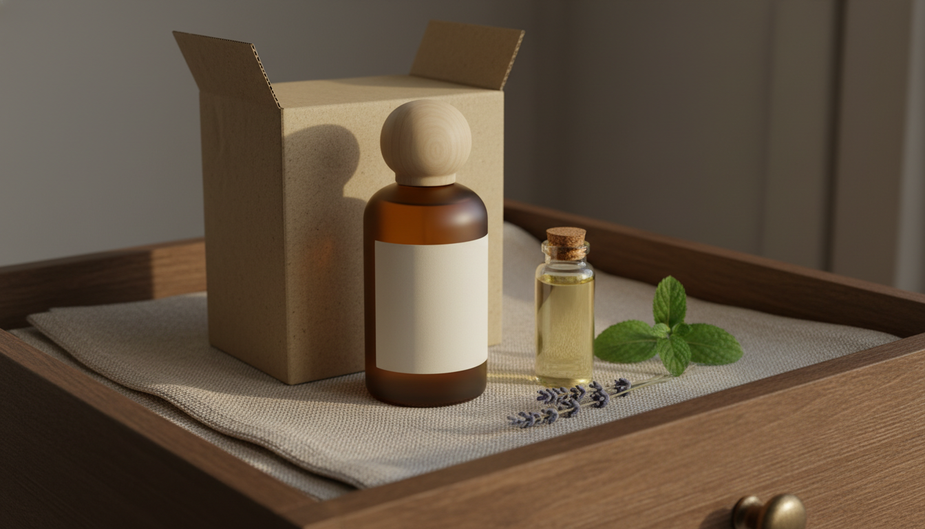 Frasco de perfume em vidro âmbar com tampa de madeira dentro de caixa kraft parcialmente aberta, sobre gaveta de madeira forrada com linho, ao lado de pequeno frasco de óleo e ramos de lavanda e hortelã.