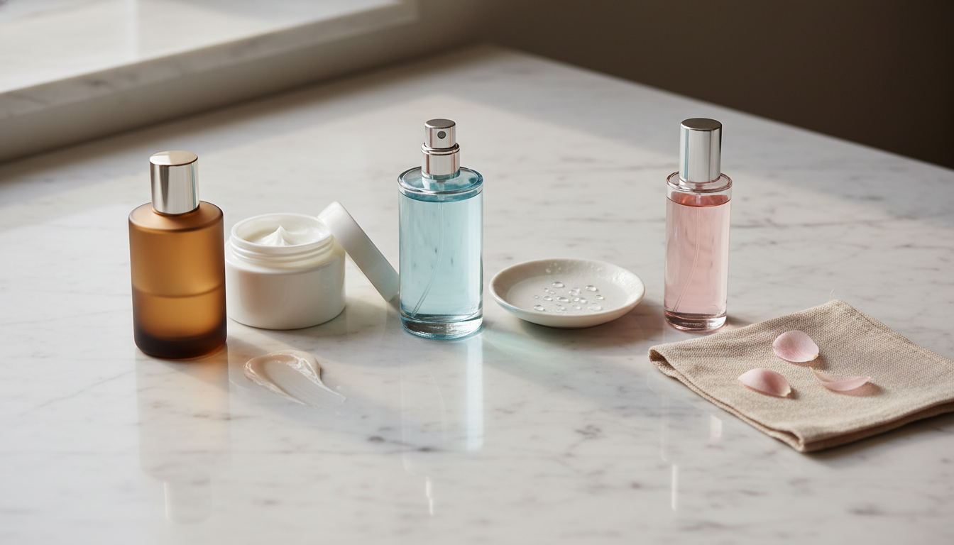 Três frascos de perfume sobre bancada de mármore: um frasco âmbar ao lado de um pote de creme aberto, um frasco azul ao lado de um prato com gotas, e um frasco rosado junto a tecido de linho e pétalas.