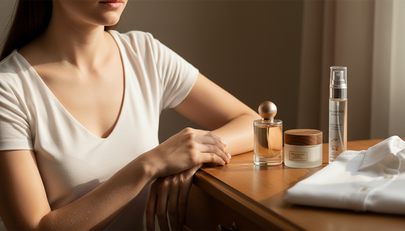 Fotografia editorial parcial mostrando pescoço, peito e pulsos ao lado de um frasco de perfume, um pote de creme e um spray para cabelo sobre uma mesa de madeira.