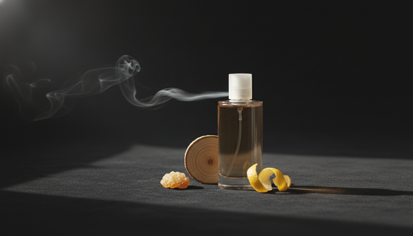 Frasco de perfume sem marca sobre veludo escuro, com resina âmbar, lasca de cedro e casca de limão enrolada; pluma de vapor sutil indica sillage.