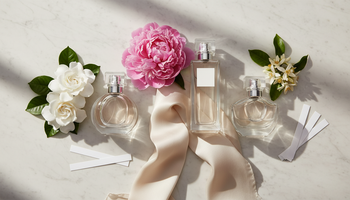 Flatlay editorial com três frascos de perfume não marcados, flores (gardênia, peônia e flor de laranjeira) e tiras de papel olfativo sobre mesa de madeira com luz natural suave.