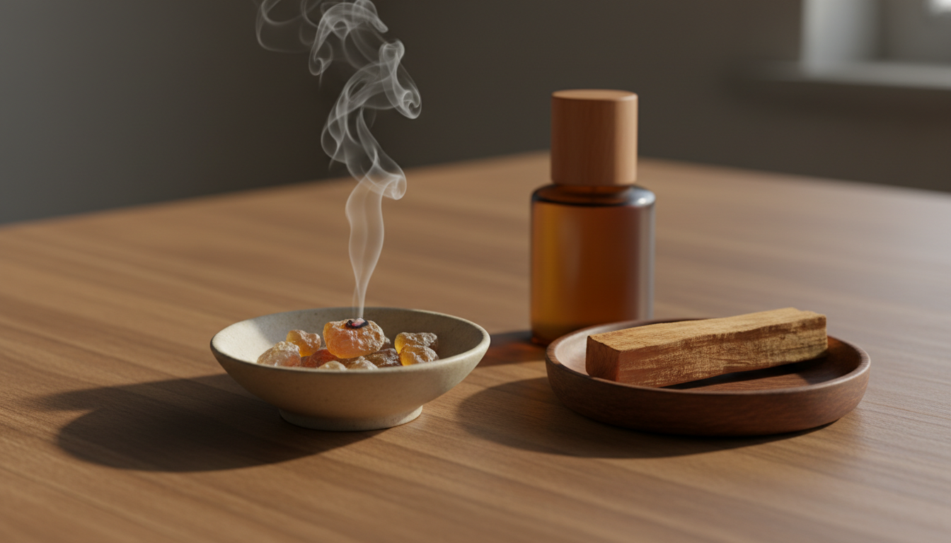 Natureza morta editorial: tigela de cerâmica com lágrimas de olíbano, um pedaço fumegante emitindo fumaça fina, bastão de palo santo e frasco de perfume âmbar sem rótulo sobre madeira, iluminação natural.
