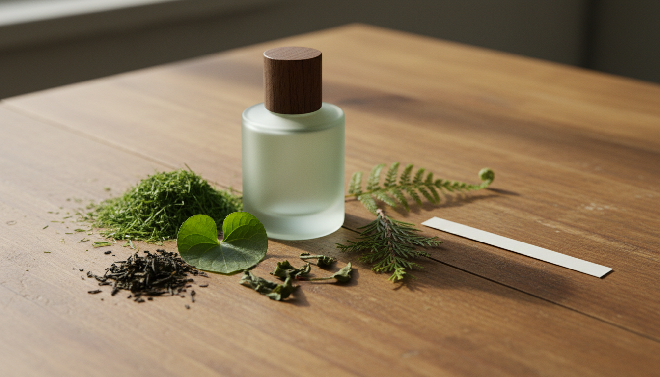 Frasco de perfume sem marca sobre mesa de madeira, cercado por grama cortada com orvalho, folhas de chá, folha de violeta, raminho de hinoki e uma tira olfativa.