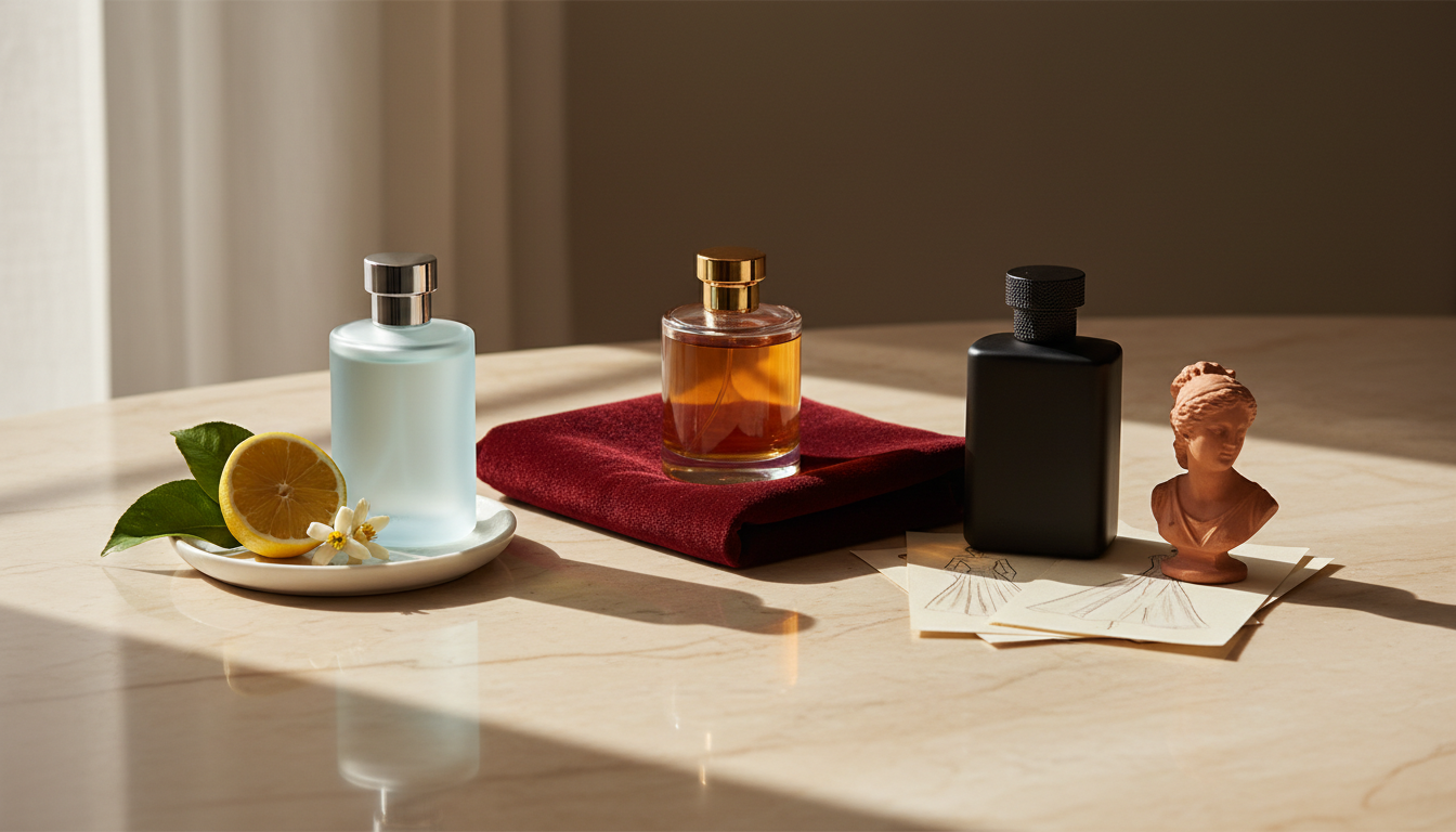 Três frascos de perfume elegantes sobre bancada de mármore: um frasco azul esbranquiçado com flor e fatia de limão, um frasco âmbar sobre veludo vermelho e um frasco escuro junto a esboços de moda e um fragmento de busto.