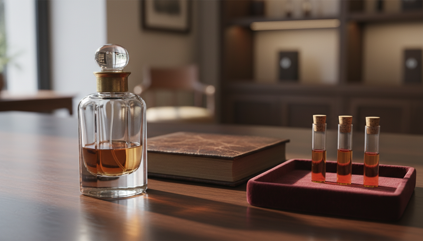 Frasco de perfume clássico sobre mesa de madeira, ao lado de um livro de couro e uma bandeja de veludo com pequenas amostras, iluminação natural suave.
