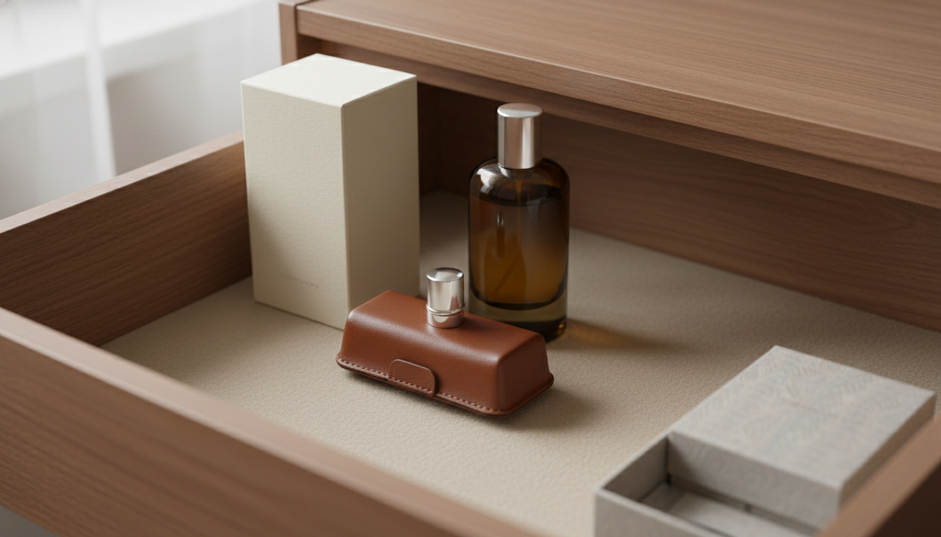 Gaveta forrada com feltro exibindo frasco âmbar de perfume, caixa original fechada e atomizador de viagem em estojo acolchoado, em luz natural indireta.