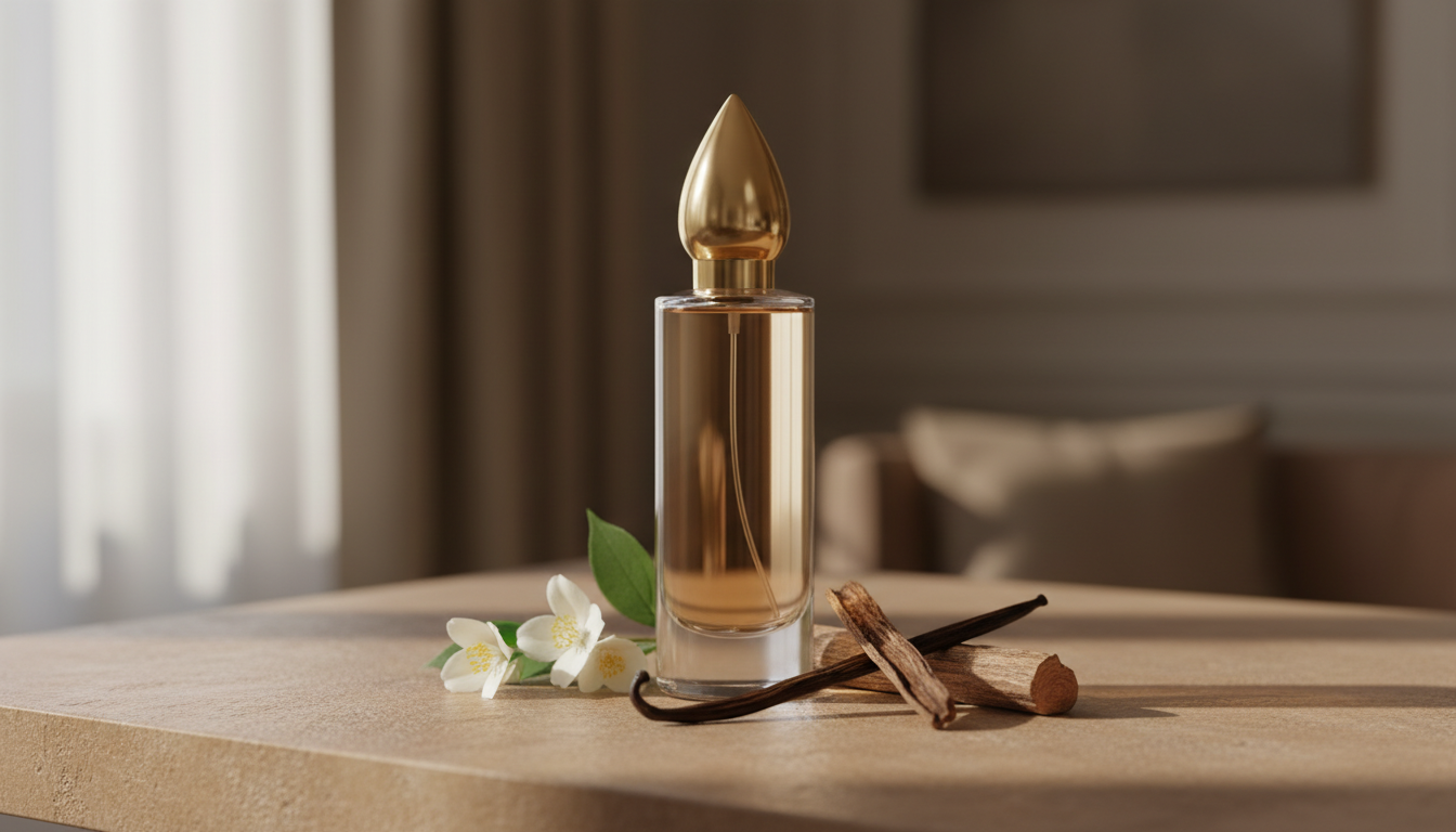 Frasco elegante de perfume sobre bancada de pedra, acompanhado por um ramo de jasmim, uma fava de baunilha aberta e uma lasca de cedro, iluminação natural suave.