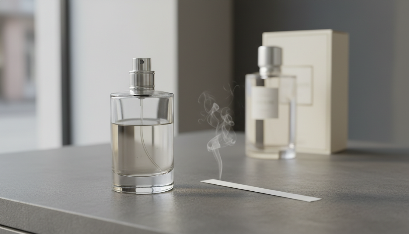Frasco de perfume tester sem tampa e com nível de líquido levemente mais baixo sobre balcão, ao lado de uma tira de papel de teste com névoa; ao fundo desfocado, frasco comercial com caixa intacta.