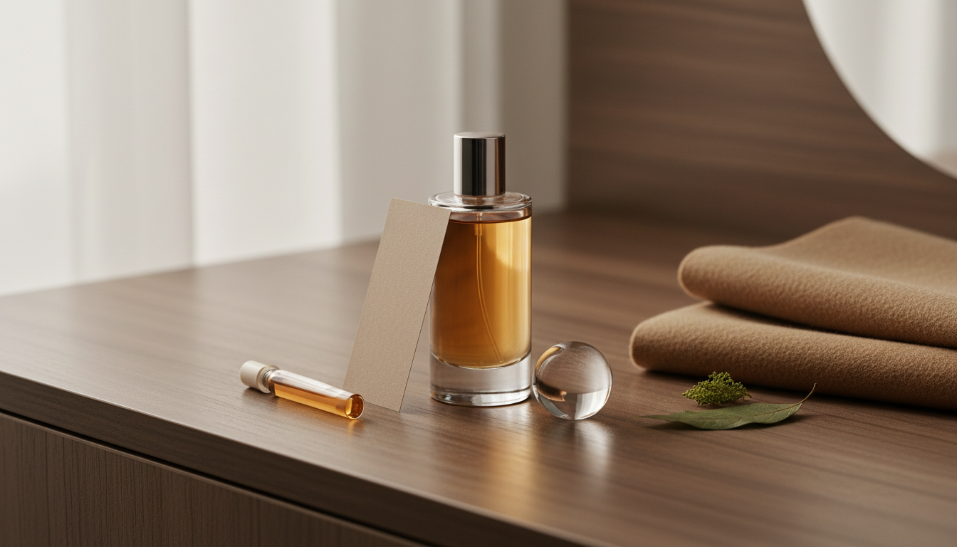 Frasco de perfume minimalista sobre bancada de madeira com decant, cartão de teste e elementos naturais (folha seca e tecido), iluminação suave natural.