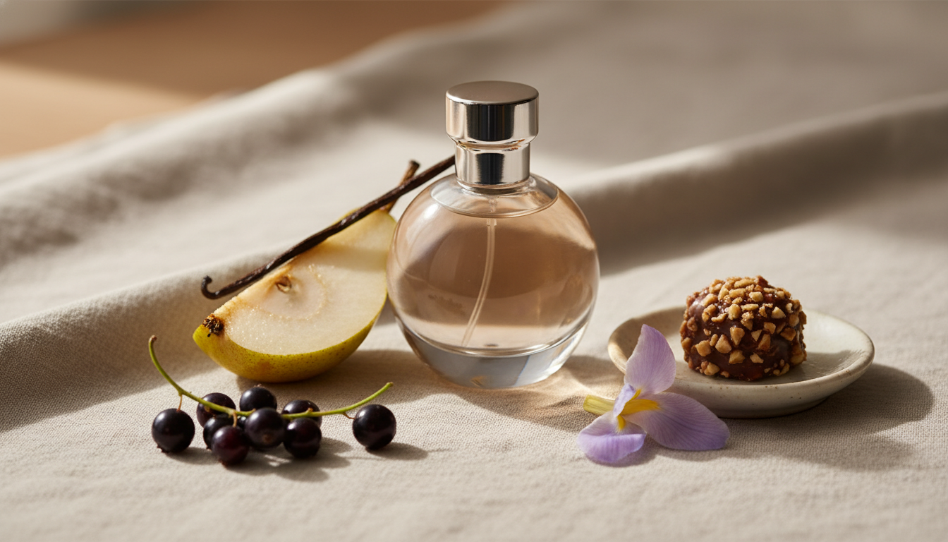 Foto editorial: frasco de perfume sem rótulo sobre linho, cercado por metade de pera, cassis, um praliné em prato de cerâmica, pétala de íris e fava de baunilha.