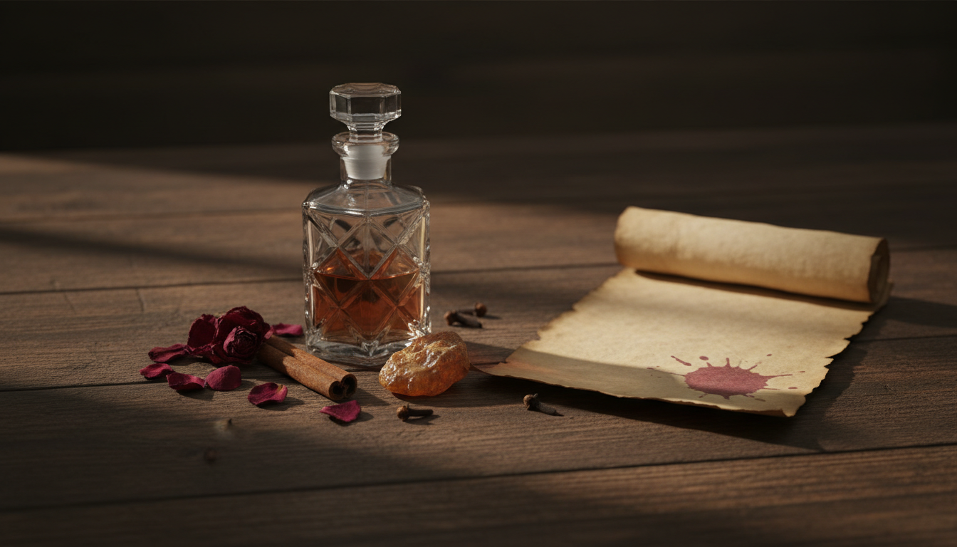 Frasco de perfume antigo sobre mesa de madeira escura, com pétalas secas, especiarias e um pergaminho com pequena mancha vermelha sutil.