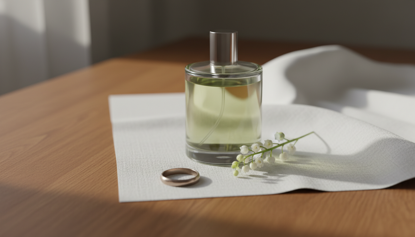 Natureza morta editorial: frasco de vidro minimalista de perfume sem rótulo, um pequeno anel de estilo vintage e um ramo de flor branca sobre linho branco e madeira, iluminados por luz natural suave.