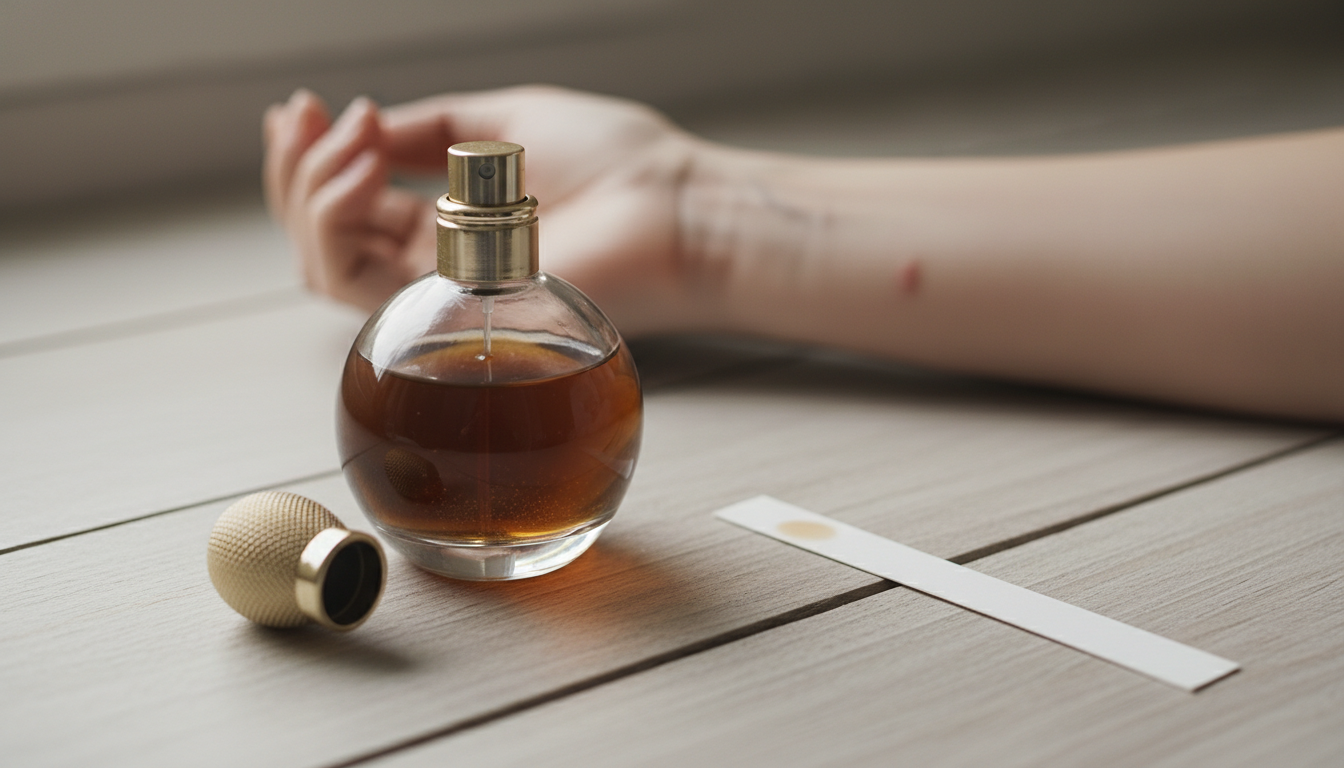 Close-up de frasco de perfume com líquido escurecido e pequeno sedimento no fundo sobre uma penteadeira; ao lado, uma tira de papel com borrifo e um antebraço recortado com leve vermelhidão no pulso.