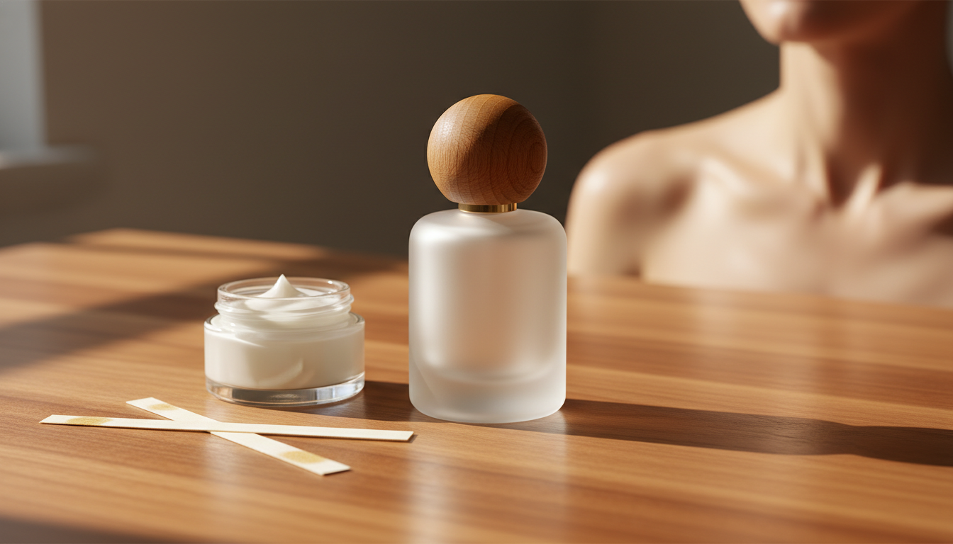 Garrafa de perfume amadeirado sobre mesa de madeira, com potinho de creme aberto e duas tiras de teste ao lado; ombro e clavícula desfocados ao fundo sugerem aplicação e hidratação.