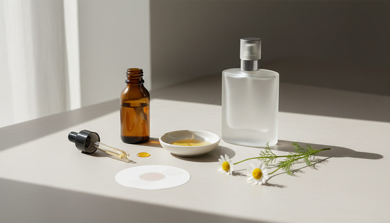 Still-life editorial com frasco de perfume fosco, pequeno frasco âmbar com conta-gotas, prato cerâmico com gota de óleo, patch dermatológico redondo e ramo de camomila sobre mesa clara.
