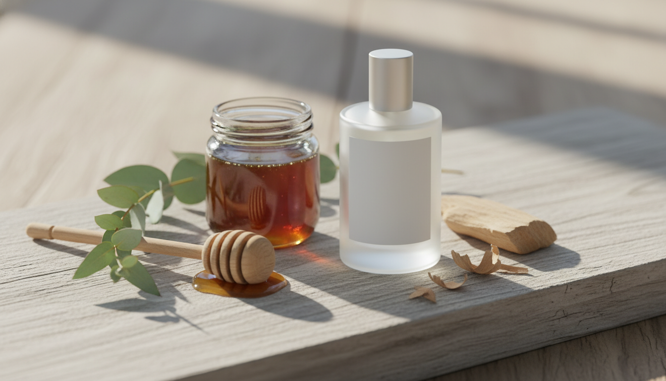 Frasco de perfume sem rótulo sobre tábua de madeira com ramo de eucalipto, pote de mel de Manuka com colher de madeira e pedaço de sândalo australiano, iluminação natural suave.