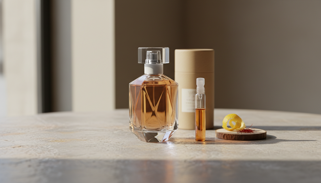 Frasco de perfume de luxo sem marca em composição editorial sobre mesa texturizada, com amostra em vidro, tubo refill de papel reciclado, casca de cítrico e fios de açafrão.