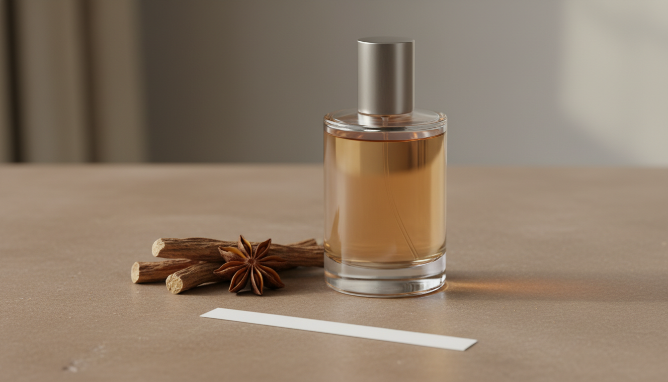 Frasco de perfume sem rótulo sobre mesa de pedra com pedaços de raiz de alcaçuz ao lado e uma tira de papel para teste, iluminação natural suave.